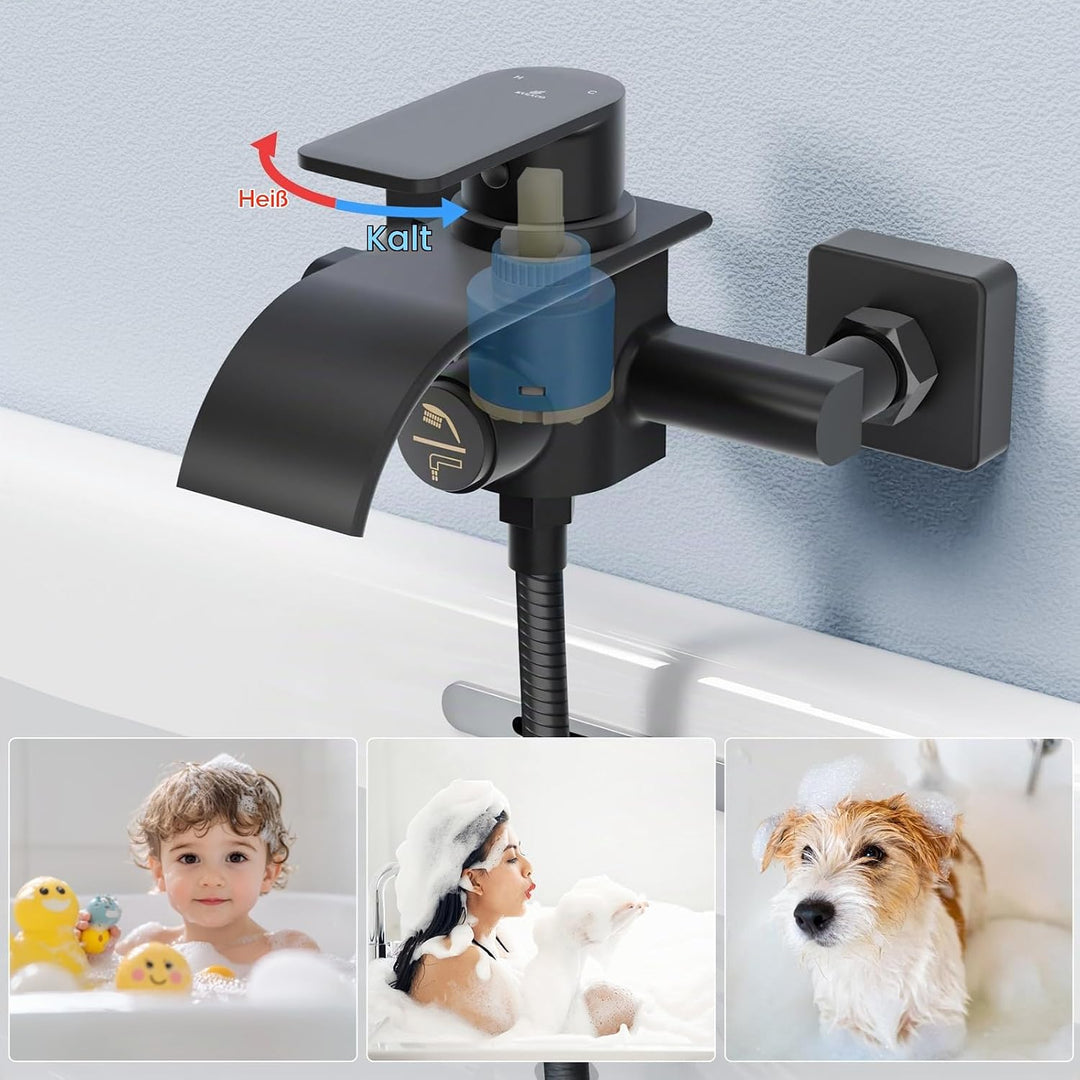 KULACO Badewannenarmatur Wasserfall Schwarz, Mischbatterie Badewanne Wannenbatterie, Messing Wasserh