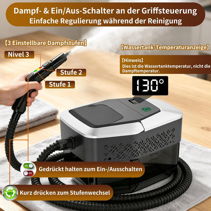 Dampfreiniger Handgerät, 2500W Handdampfreiniger mit Stufengriff, 8 Düsen, 1,8L Tank, 3 Dampfstufen,