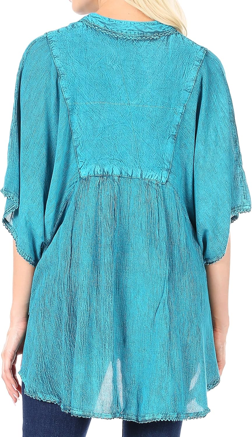 Sakkas Amori V-Ausschnitt Stickerei Poncho Top/vertuschen, Einheitsgrösse A-türkis