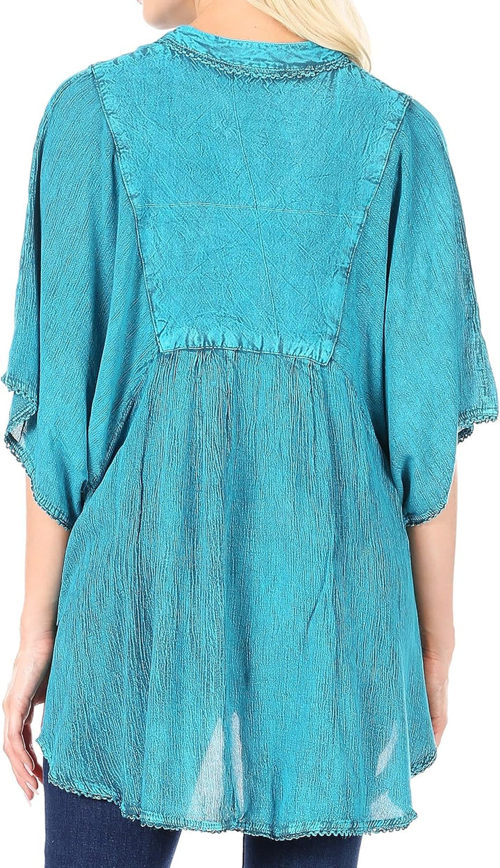 Sakkas Amori V-Ausschnitt Stickerei Poncho Top/vertuschen, Einheitsgrösse A-türkis