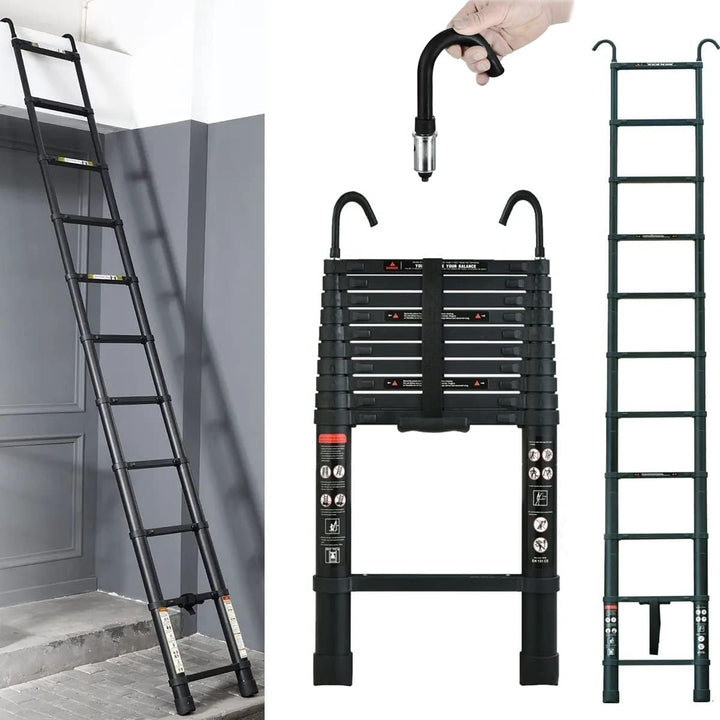 3,2M Teleskopleiter mit Haken, Aluminium Ausziehleiter Hohe Mehrzweckleiter, 150 kg/330 Pfund Belast