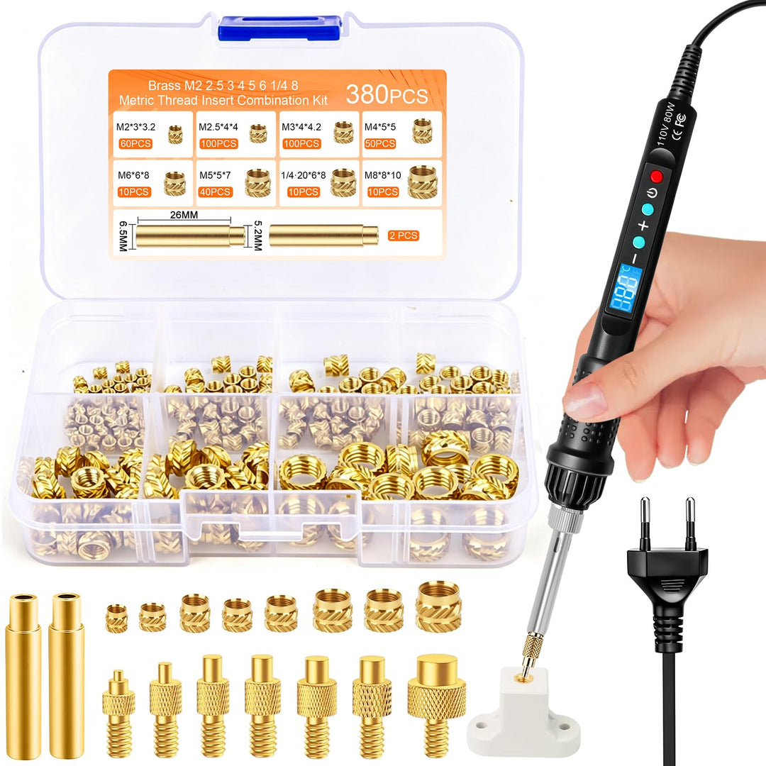 390 Stk Gewindeeinsätze Lötspitzen Set,80W LED Temperatur Einstellbar Lötkolben mit 380 Gewindeeinsä