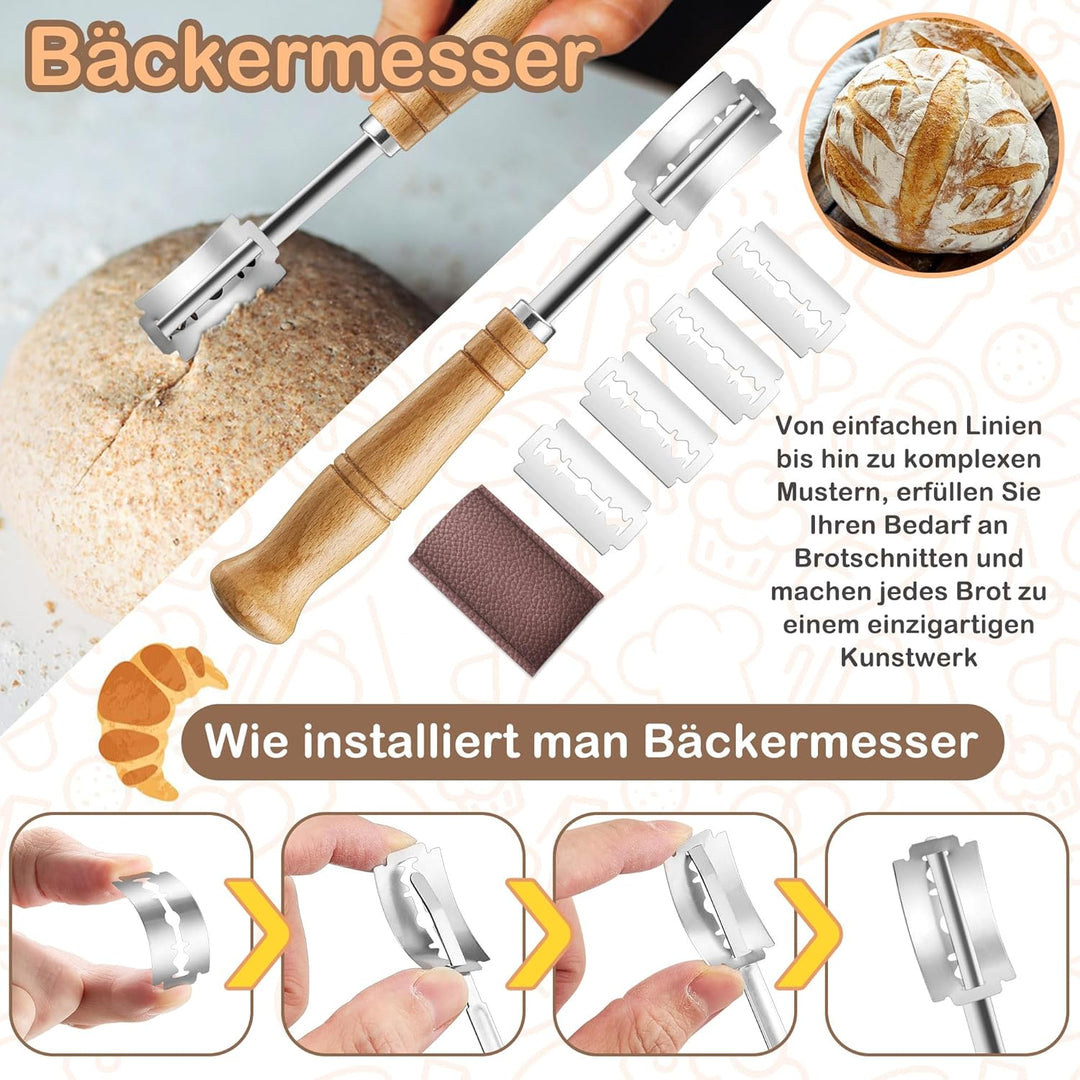 HaWare Gärkörbchen, 23cm Gärkorb Rund Brot Set mit Futter, Bäckermesser, Teigschaber und Backpinsel,