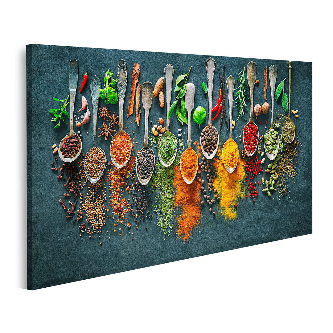 islandburner Bild auf Leinwand Bunte Verschiedene Kräuter Gewürze Kochen Dunkler Hintergrund Bilder