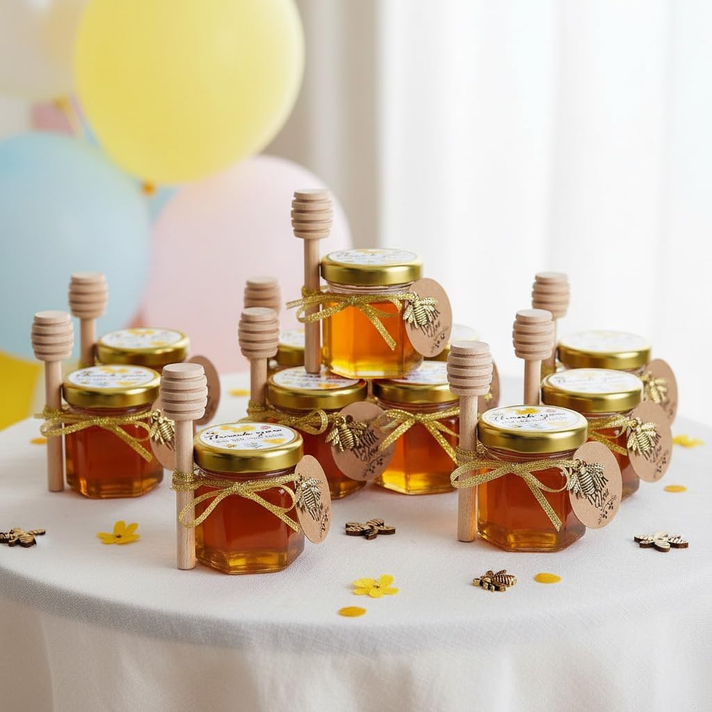 Kleine Honiggläser, Honigglas mit Honiglöffel, Kleine Gläser mit Bienen Anhänger, Mini Honigtöpfe mi