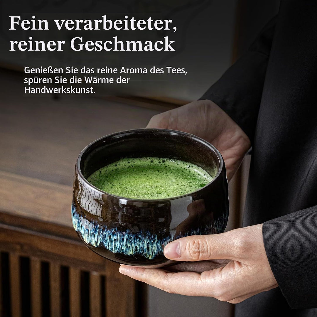 Japanische Matcha-Schale aus Keramik mit Schneebesenhalter, 510 ml. TEANAGOO K14, Blau, Chawan Match