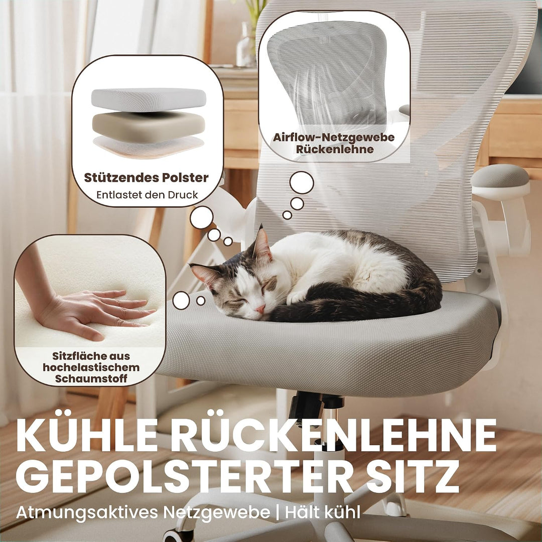ALAULM Ergonomischer Bürostuhl mit Verstellbarer Lendenwirbelstütze und um 90° hochklappbaren Armleh