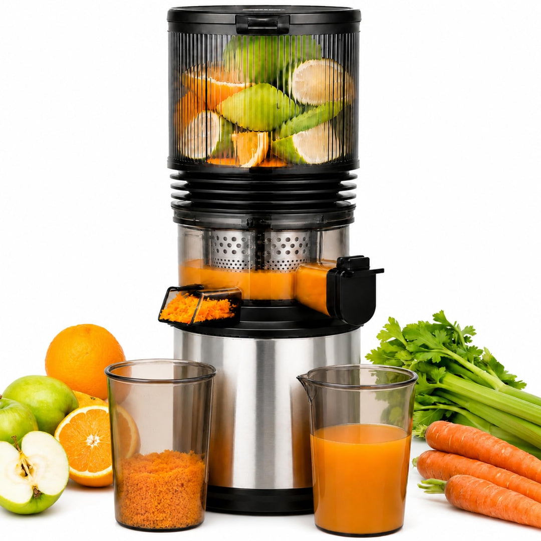 AMZCHEF Entsafter - Slow Juicer mit 158 mm grossem Einfüllschacht Extra Large Silber/Schwarz, Extra