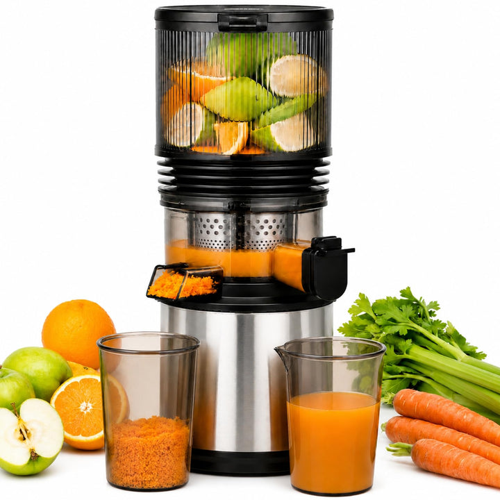AMZCHEF Entsafter - Slow Juicer mit 158 mm grossem Einfüllschacht Extra Large Silber/Schwarz, Extra