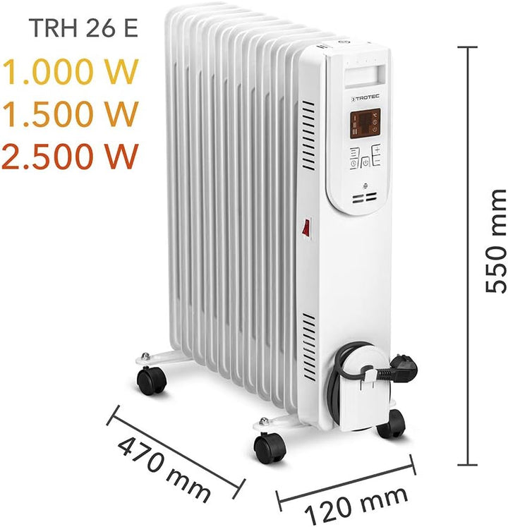 TROTEC Ölradiator TRH 26 E – Heizleistung 1000 W / 1500 W / 2500 W – Heizradiator elektrisch, 11 Rip