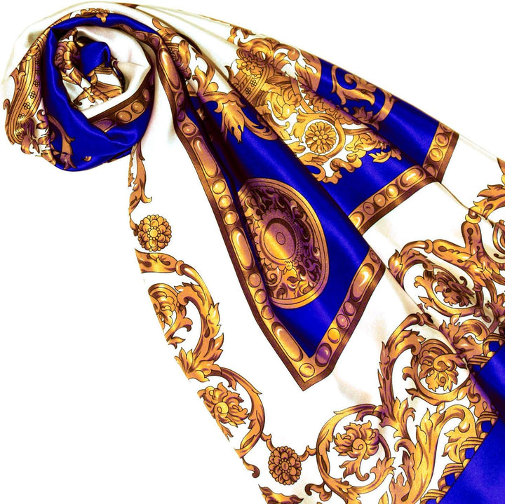 Lorenzo Cana Seidentuch aufwändig bedrucktes Tuch aus 100% Seide 100 x 100 cm blau weiss gold Dament