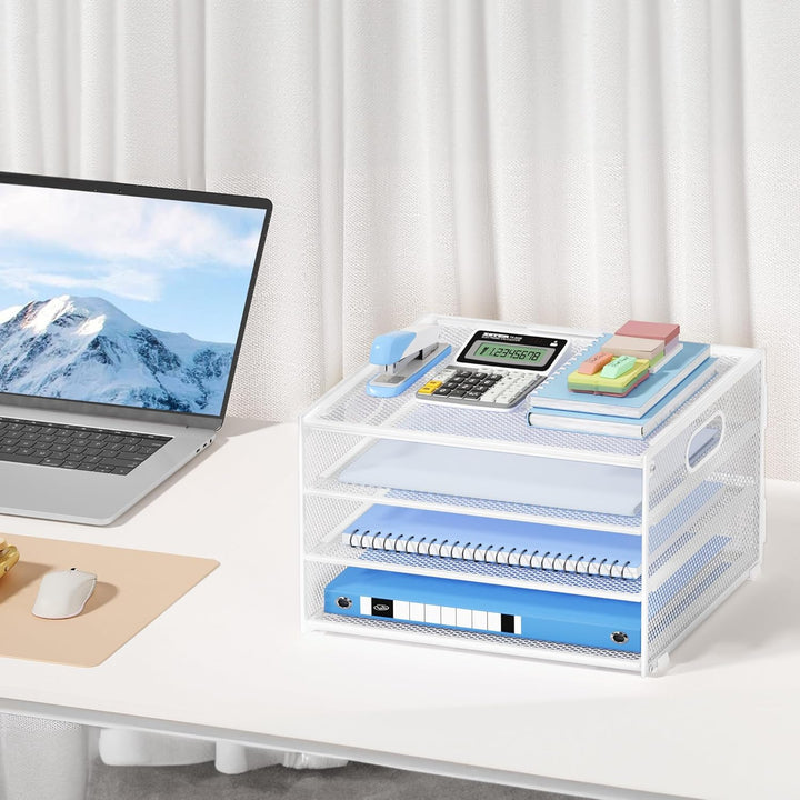 Marbrasse Schreibtisch Organizer,4-Stufiges Metall Netz-Briefablage mit Griff,Zeitungsordner,Papier