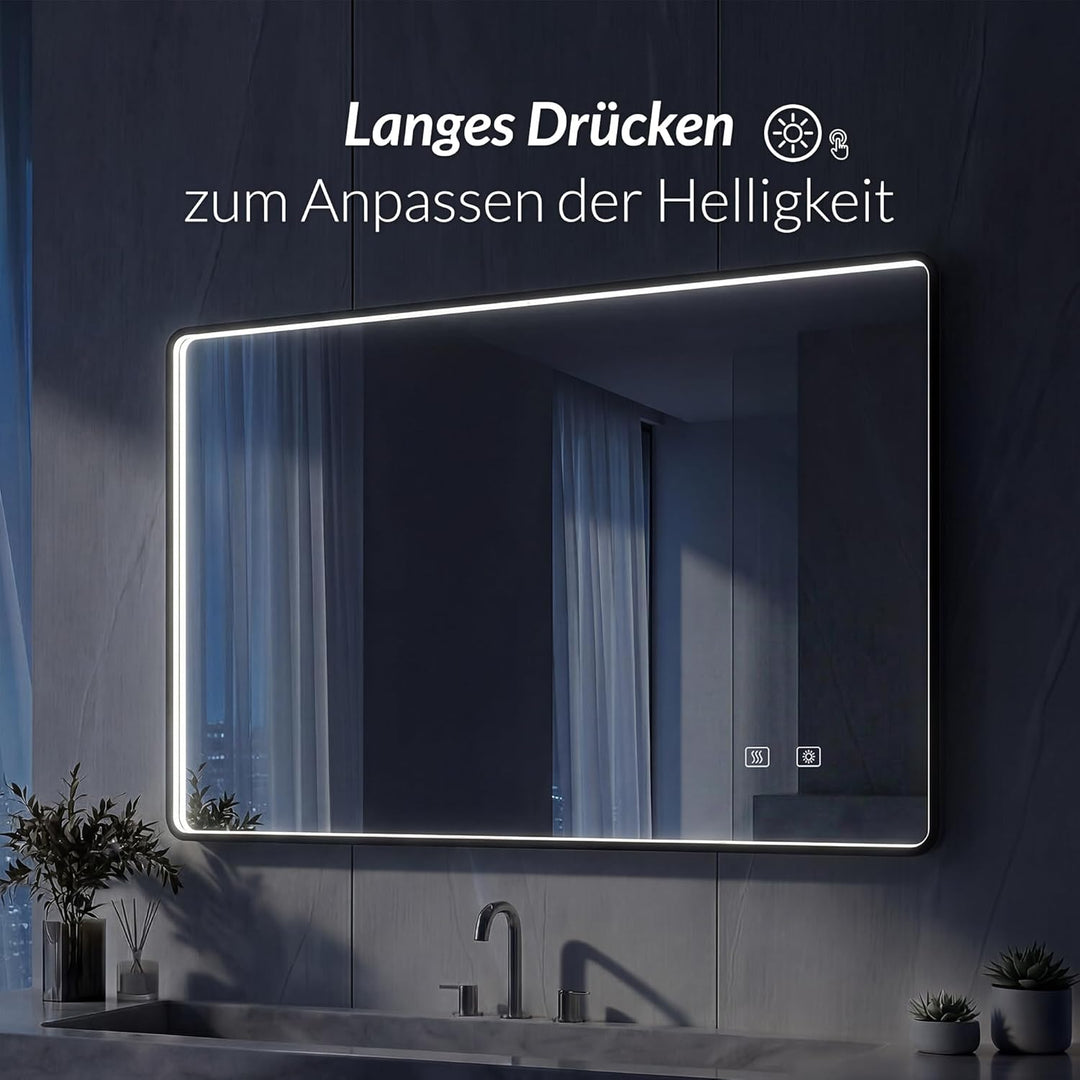 LED Badspiegel mit Aluminiumrahmen, 5mm Kupferfreier HD Silber-Spiegel, 3 Lichtfarben Dimmbar, Wands