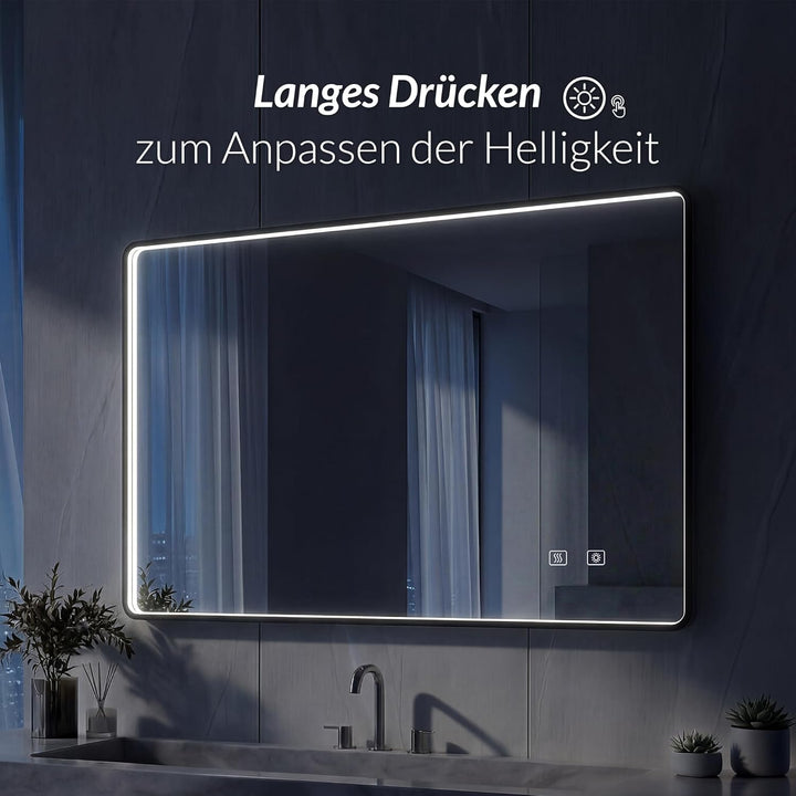 LED Badspiegel mit Aluminiumrahmen, 5mm Kupferfreier HD Silber-Spiegel, 3 Lichtfarben Dimmbar, Wands