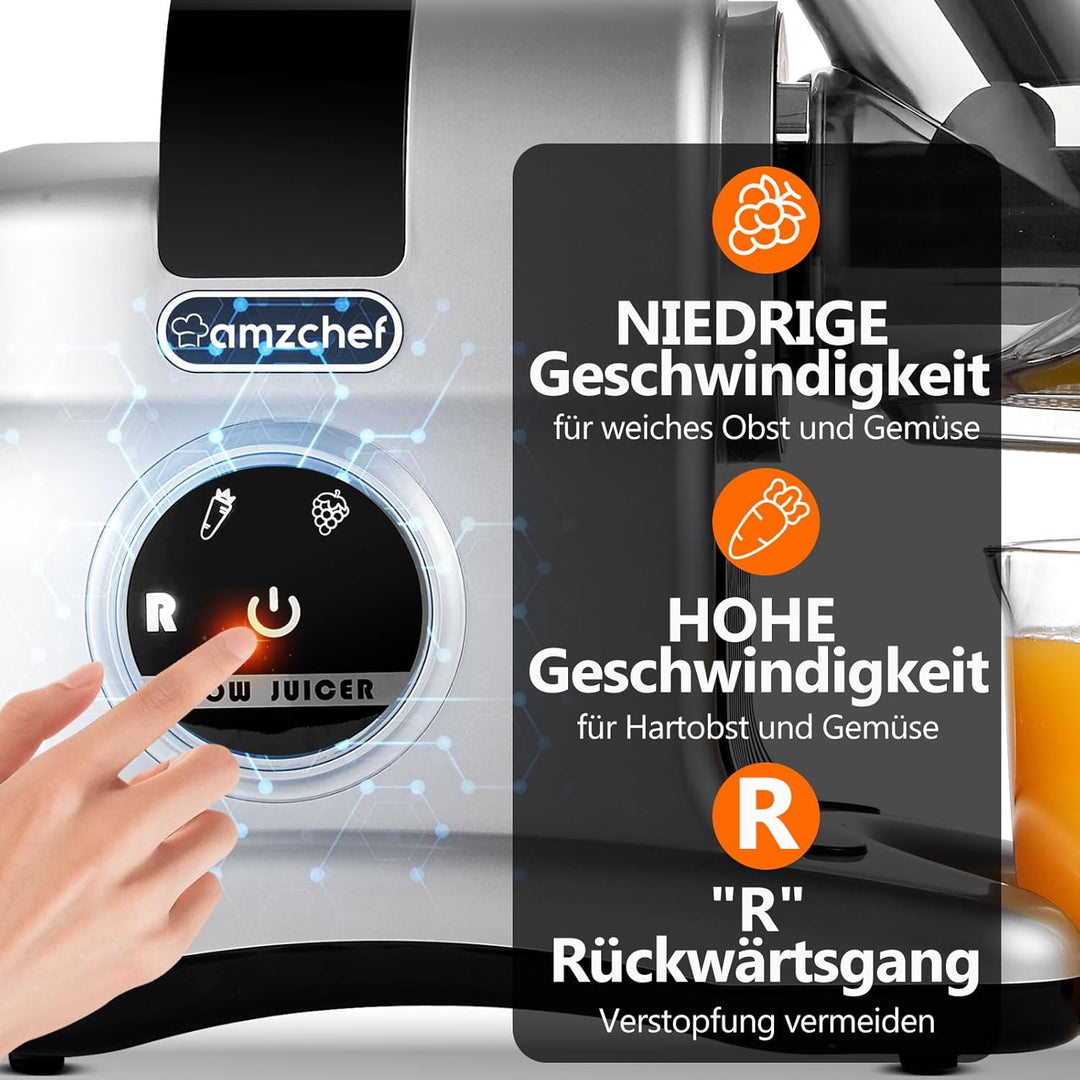 AMZCHEF Entsafter mit 80MM Grosser Einfüllschacht - 150W Entsafter Slow Juicer mit 2 Geschwindigkeit