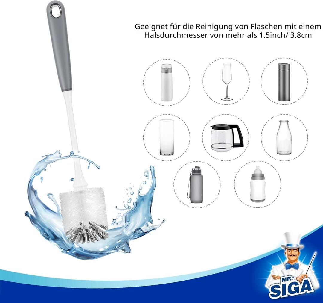 MR.SIGA Flaschenbürste mit langem Griff, Flexible Scheuerbürste für Wasserflaschen, Gläser, Tassen,