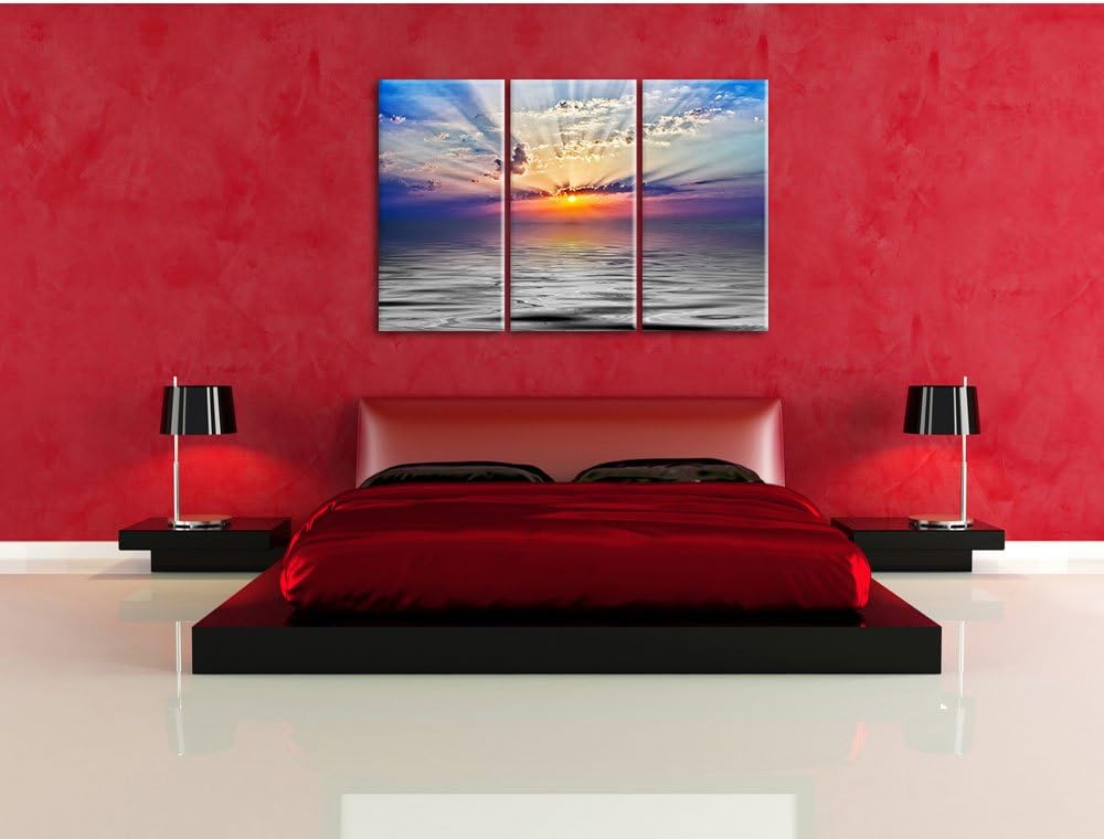 Pixxprint Sonnenaufgang im Meer / 3-Teilig/Gesamtmass 120cm Leinwandbild bespannt auf Holzrahmen/Wan