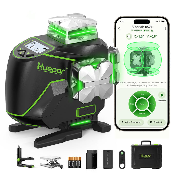 Huepar 16 Linien-selbstnivellierendes Laserniveau 4 x 360 ° mit LCD-Bildschirm, 4D Bluetooth Grüner