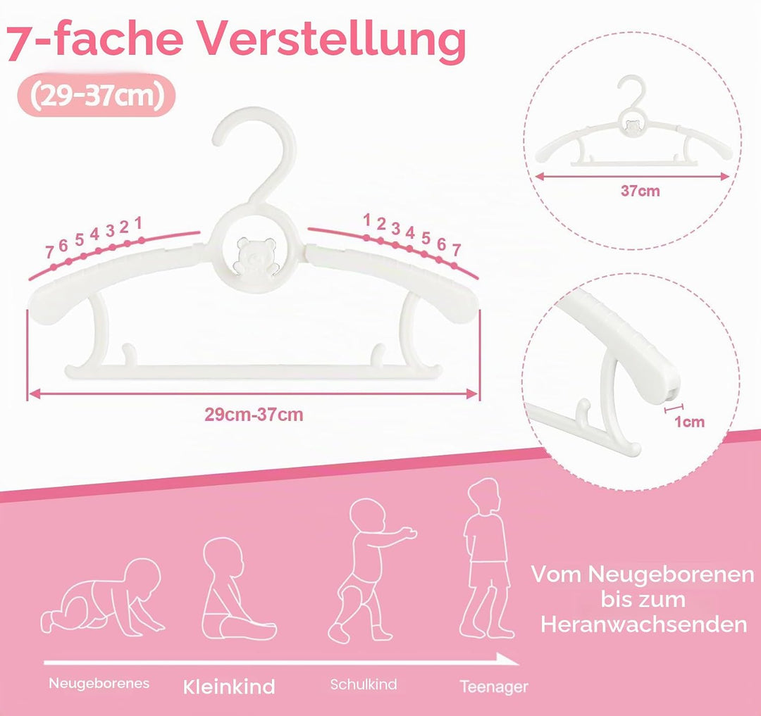 20 Stück Mitwachsende Kinderkleiderbügel Platzsparend mit Stapelbaren Bärchen-Haken rutschfeste Klei