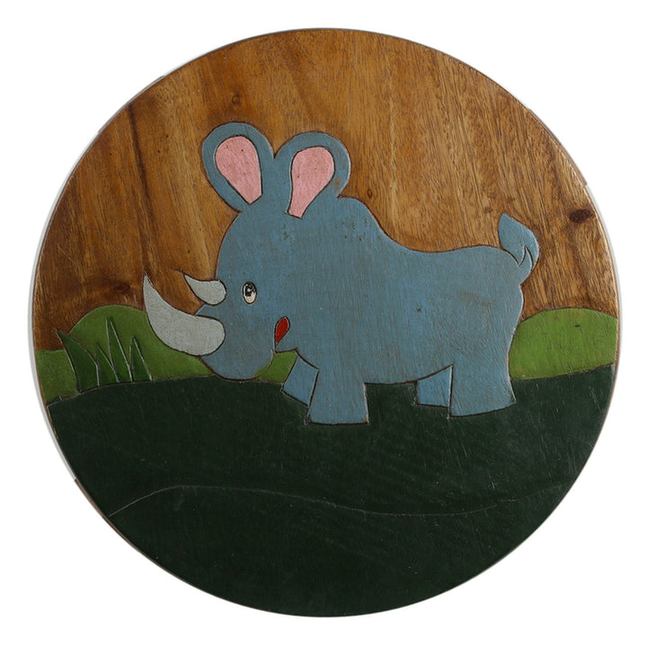 ART-CRAFTKH069 Kinderhocker Holz Schemel mit Motiv Nashorn bemalt und beschnitzt extra grosse Sitzfl