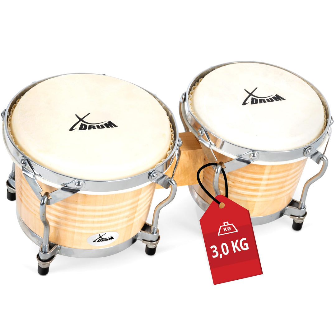 XDrum Bongos Pro Natur - 2 Trommeln mit 6,5" (17 cm) und 7,5" (20 cm) Durchmesser - Bongotrommeln mi