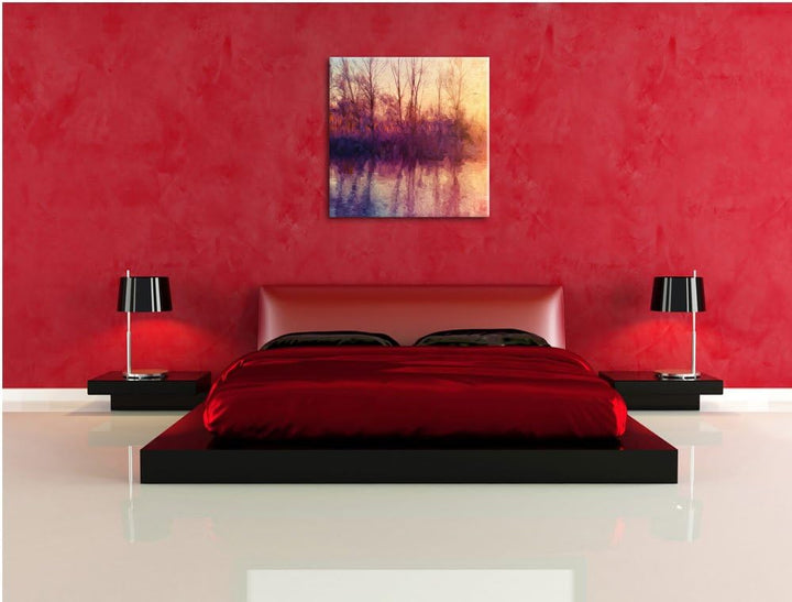 Pixxprint Bäume spiegeln Sich im Wasser Pinsel Effekt, Format: 70x70 auf Leinwand, 70x70