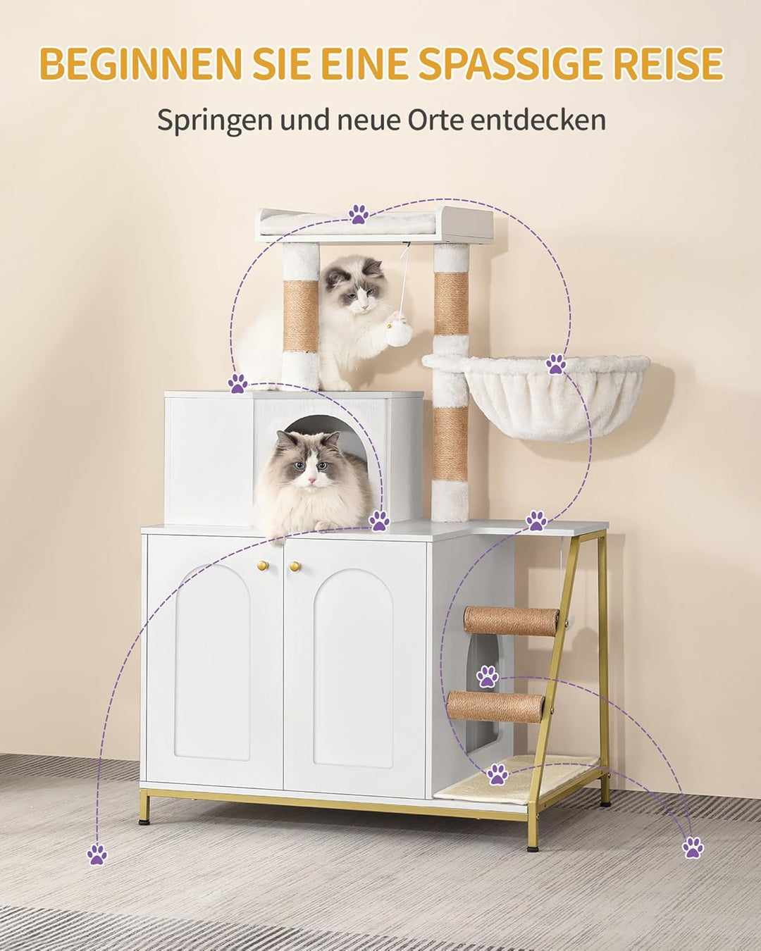 Hzuaneri Kratzbaum mit Katzenklo-Schrank, Katzenschrank, 4-in-1 Modernes Katzenhaus mit Grosser Plat