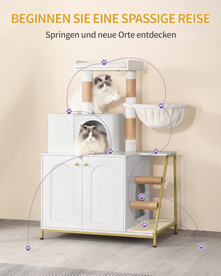 Hzuaneri Kratzbaum mit Katzenklo-Schrank, Katzenschrank, 4-in-1 Modernes Katzenhaus mit Grosser Plat