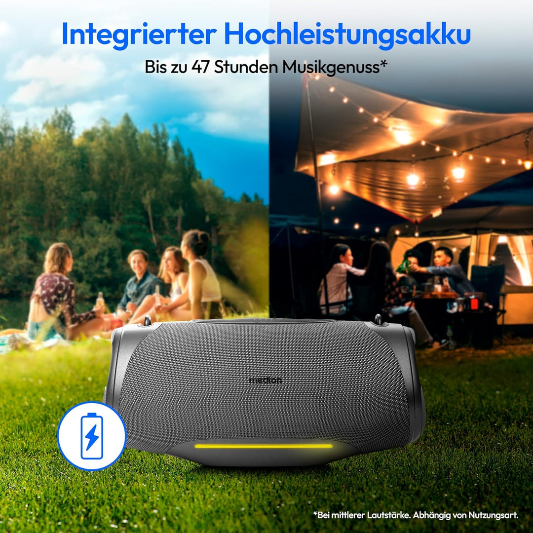 MEDION P61762 tragbarer Bluetooth Lautsprecher (Akku, Bass Boost, Musikbox, RGB Lichteffekte, IPX7 W