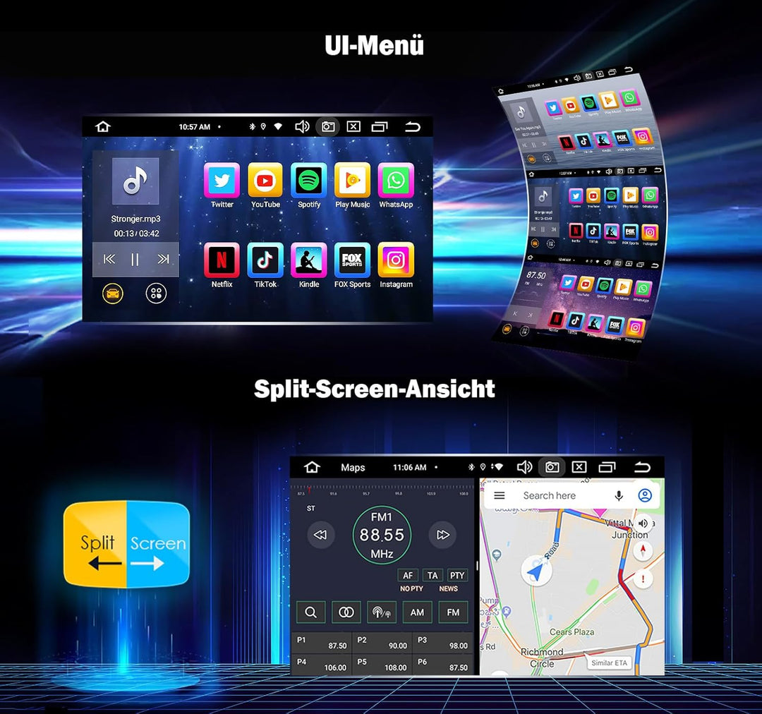 Erisin 6GB+128GB 8-Kern Android 14 Doppel Din Universal GPS mit Navi Autoradio Bluetooth, 2 Din Radi