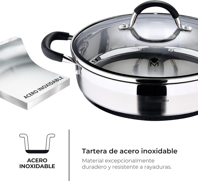 MasterPro Foodies | Niedriger Kochtopf mit Glasdeckel | 3,8 L Fassungsvermögen | Hergestellt aus Ede