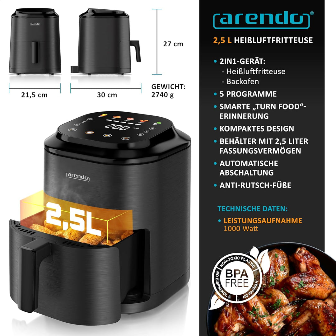 Arendo – Heissluftfritteuse klein - 2,5 Liter - Airfryer – 60 bis 200 ° C – Timer – Warmhaltefunktio