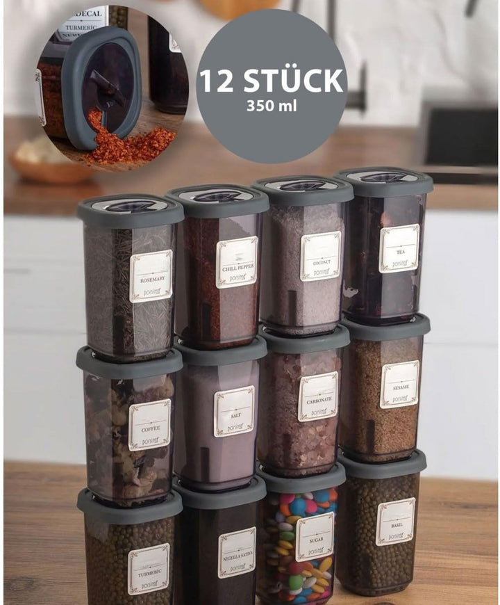 Gewürzbehälter Set 12x350ml Extra Gross - Anthrazit Gewürzdosen mit 360° Drehdeckel, BPA-frei Gewürz