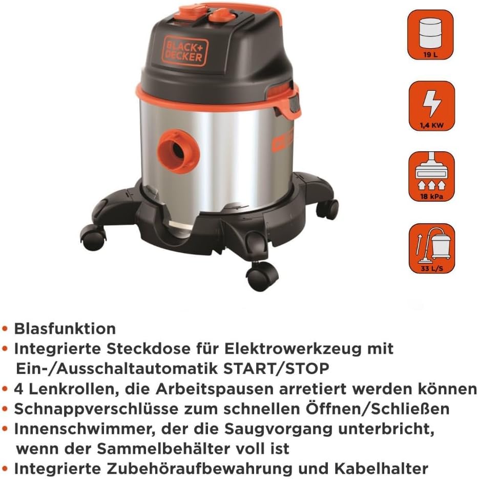 BLACK+DECKER Nass und Trockensauger BXVC20XTE mit Integrierte Steckdose für Elektrowerkzeug (1400 W,