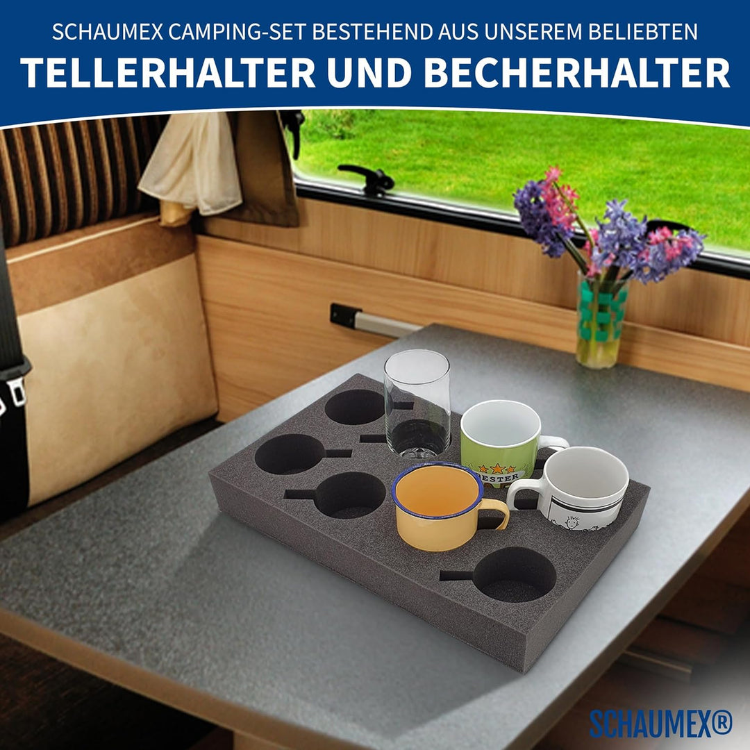 SCHAUMEX® Camping Set - Tellerhalter und Besteckhalter mit Platz für 12 Teller + Tassenhalter XL für