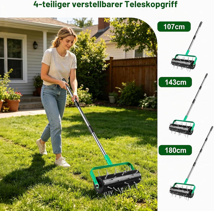 Rasenlüfter Walze Manuell 38 x 180 cm, Rasenrolle mit 4cm Nägeln &amp; Verstellbarem Stiel, Rollender Ra