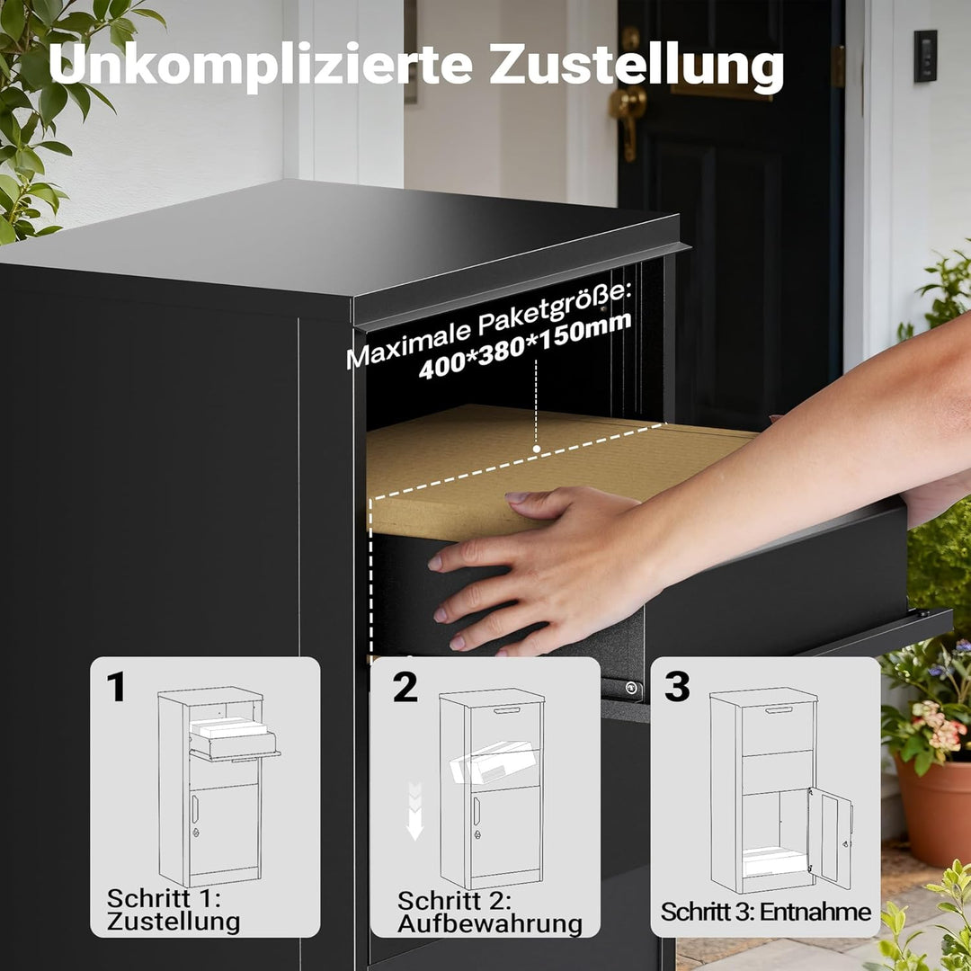 XPOtool Paketkasten Schwarz 500 x 375 x 1150 mm, Paketbox Zuhause, Private Paketannahme passend für
