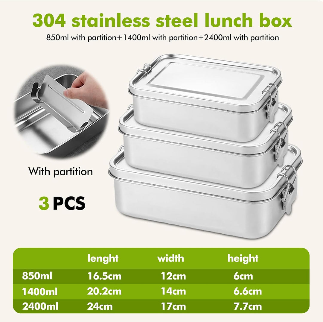 Edelstahl Brotdose, 3er Pack Lunchbox Edelstahl, Vesperdose Volumina 850ml 1400ml 2400ml, Stahl-Brot