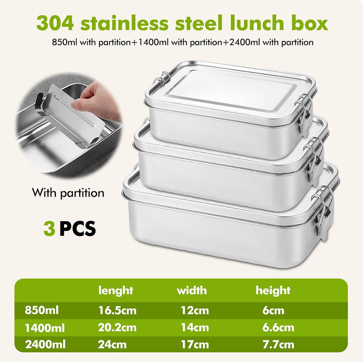 Edelstahl Brotdose, 3er Pack Lunchbox Edelstahl, Vesperdose Volumina 850ml 1400ml 2400ml, Stahl-Brot