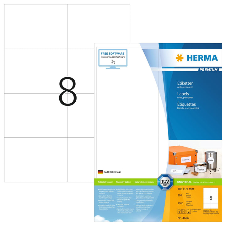 HERMA 4626 Versandetiketten, 200 Blatt, 105 x 74 mm, 8 Stück pro A4 Bogen, 1600 Aufkleber, selbstkle