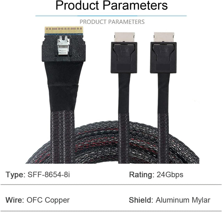 Cablecc PCI-E Ultraport Slimline SAS Slim 4.0 SFF-8654 8i 74pin to Dual Oculink SFF-8611 Cable 50cm