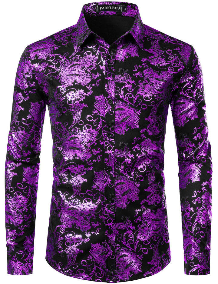 PARKLEES Herren Luxus Paisley Gemustert Golden Glänzend Slim Fit Freizeithemd L Schwarz Lila, L Schw