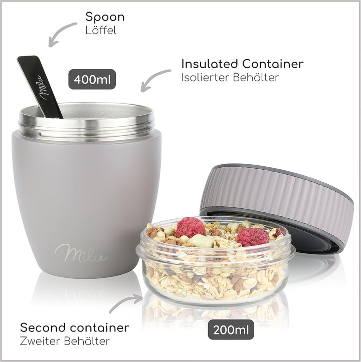Milu Müslibecher to go 400ml I isolierter Edelstahl Joghurtbecher für Müsli I auslaufsicherer Becher
