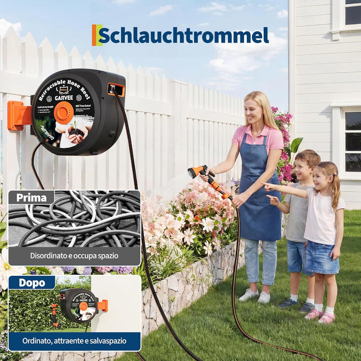 Schlauchtrommel Wasser Mit Gartenschlauch 40m, Schlauchaufroller Mit 10-Funktionen Handbrause, 180°