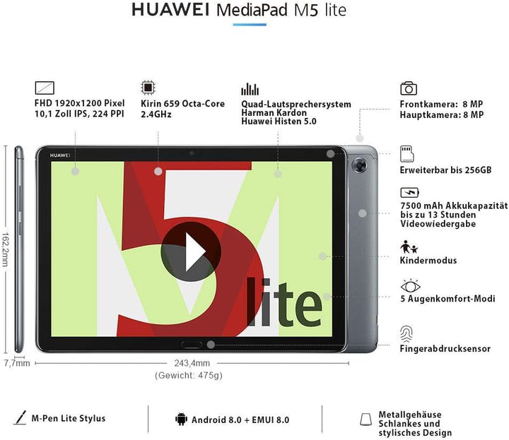 HUAWEI MediaPad M5 lite WiFi Tablet-PC 25,6 cm (10,1 Zoll), Full HD, Kirin 659, 3 GB RAM, 32 GB inte