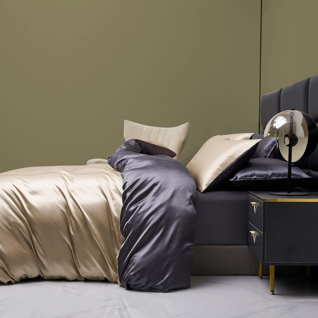 YASMENG Satin Bettwäsche 135x200 4teilig Beige Grau Dunkelgrau Bettbezug Set Einfarbig Deckenbezug M