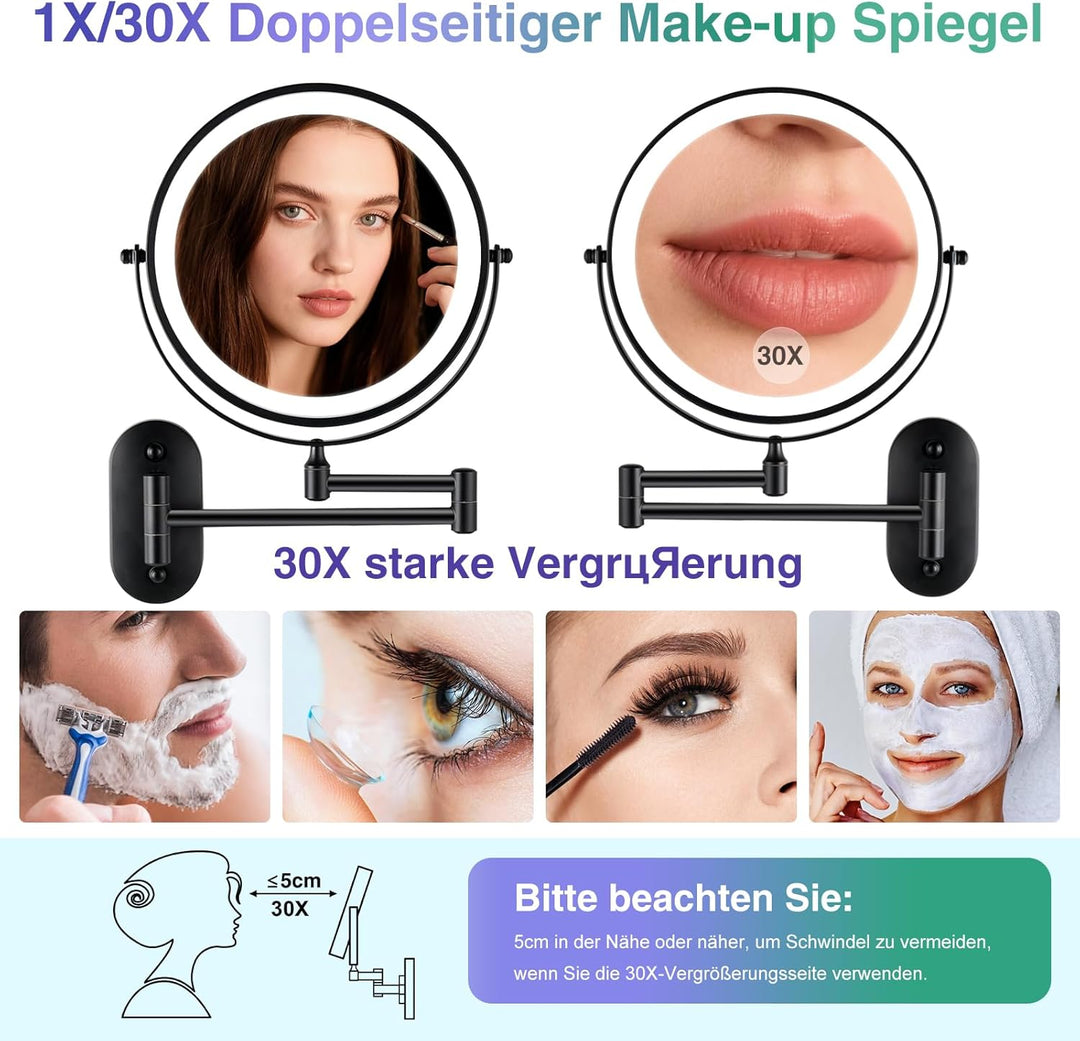 LED Kosmetikspiegel mit Wandhalterung, 30-fache Vergrösserung, 3 Lichtfarben, USB-Aufladung, Schwarz