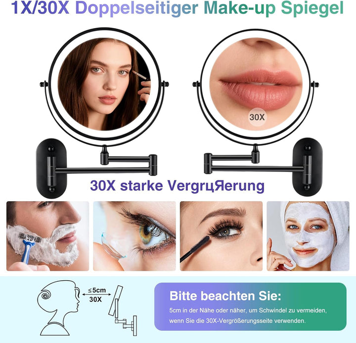 LED Kosmetikspiegel mit Wandhalterung, 30-fache Vergrösserung, 3 Lichtfarben, USB-Aufladung, Schwarz