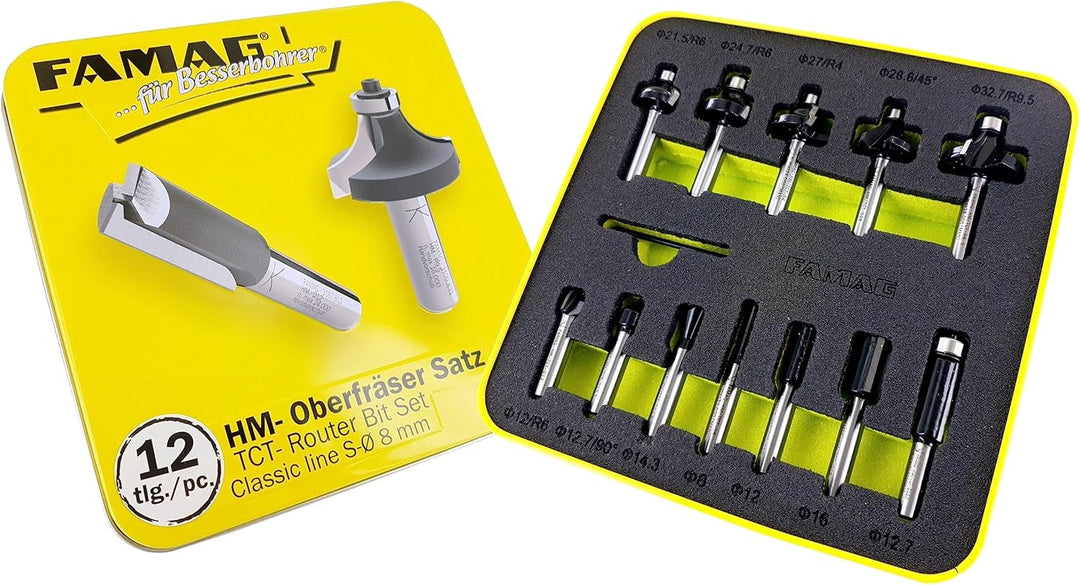 FAMAG Hartmetall Fräser-Satz Classic Line, 12-teilig, Schaft-Ø 8mm, in Metallbox - 3381.812, Classic