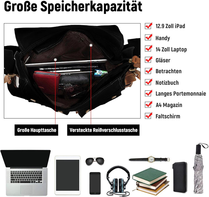 VARLIVOO Umhängetasche für Herren Schultertaschen 14" Zoll Laptoptaschen Messenger Bags Kuriertasche